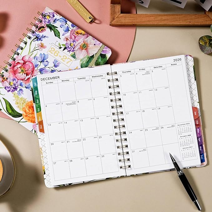 Planner 2026-2027 - Academic Planner 2026-2027, July 2026 - June 2027 Planner Weekly and Monthly Academic Year Planner Calendar, 8.4" x 6.3"，Colorful Tabs, Elastic Closure, Back Pocket, Floral