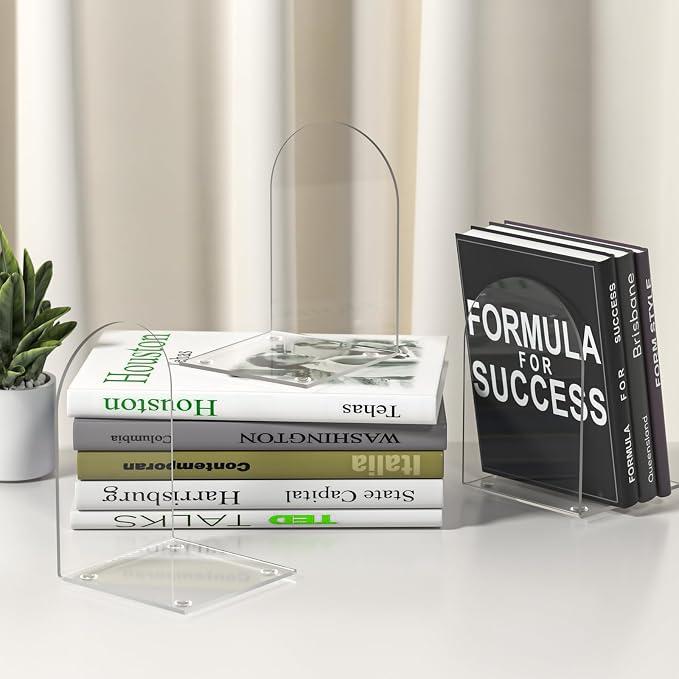 Acrylic Bookends 8 Pieces, Book Ends for Shelves, Clear Bookends for Book Shelves and Desktop Organizer, Transparent Shlef Book Stopper for Home Office Supplies