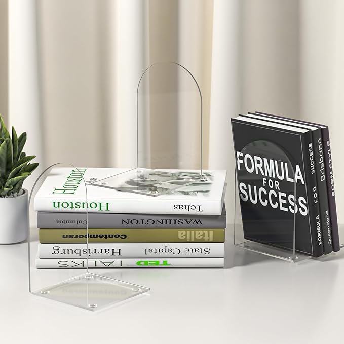 Acrylic Bookends 4 Pieces, Clear Bookends for Shelves, Book Ends for Shelves and Desktop Organizer, Transparent Shelf Book Stopper to Hold Books for Home Office Supplies