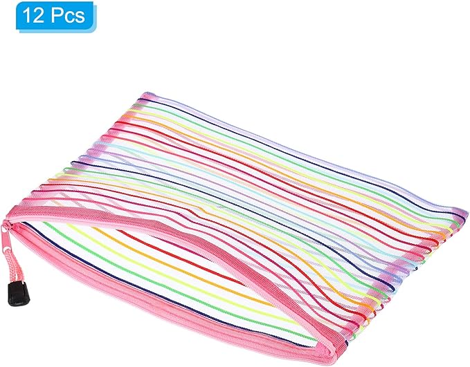 PATIKIL Mesh Zipper Pouch, 12 Pack Nylon A5 Size Pen Pencil Case Document Toiletry Cosmetic Makeup Zipper Travel Pouch Organizer for Office, Pink