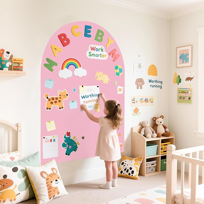 Magnetic Wall Decal for Kids 40x32 Inch Self Adhesive Magnet Arch Chalkboard for Wall Pink Chalkboard Contact Paper Peel and Stick with Letters and 12 Color Liquid Chalk for School Playroom