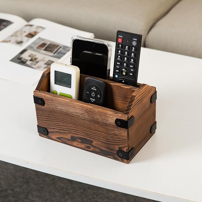Brown Torched Wood Remote Control Organizer Burnt Wooden Tabletop Storage Caddy Two Compartment Holder TV Game Consoles Cell Phone Kitchen Utensils Office Supplies Living Room Home Bedroom