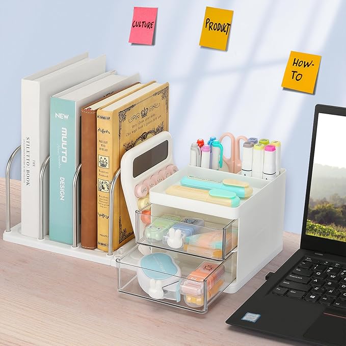LETURE Desk Organizer with 2 Drawer, Pen Pencil Mail File Holder for Desk with Detachable Bookend, Stationery Accessories Storage Box for Office Supplies, Makeup, Jewelry for Home, Office (White)