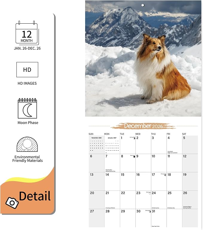 2026 Wall Calendar Shetland Sheepdog Planner Calendar, Hangable Monthly Dogs Wall Calendar with Large Blocks for Organizing & Planning, Academic Schedule, Home, Office & family, Thick & Sturdy Paper (12"x24" Open)