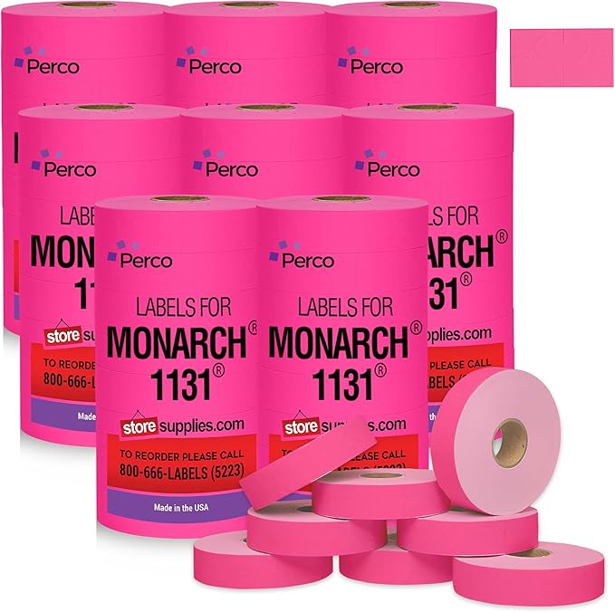 Perco Fluorescent Pink Pricing Labels for Monarch 1131 Price Gun – 8 Sleeves, 64 Rolls Value Pack - 160,000 Price Marking Labels – with Ink Rolls Included