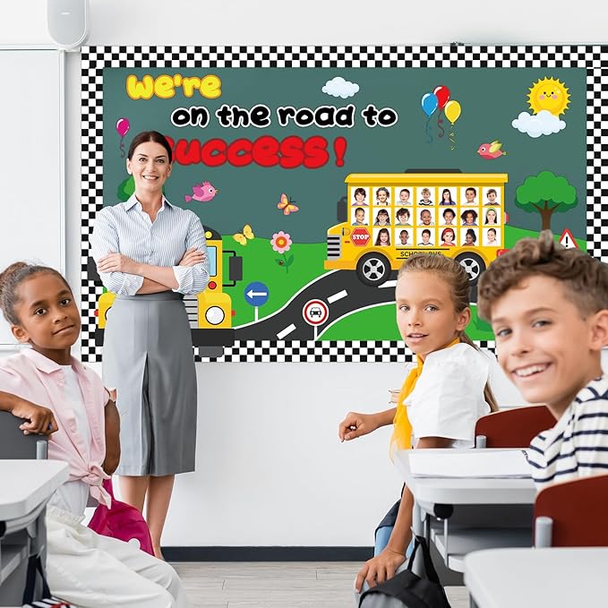 gisgfim Back to School Bulletin Board Classroom Decoration School Bus Cutouts We' re On The Road to Success Bulletin Board for Classroom Back to School Door Chalkboard Nursery Wall Decor Supplies
