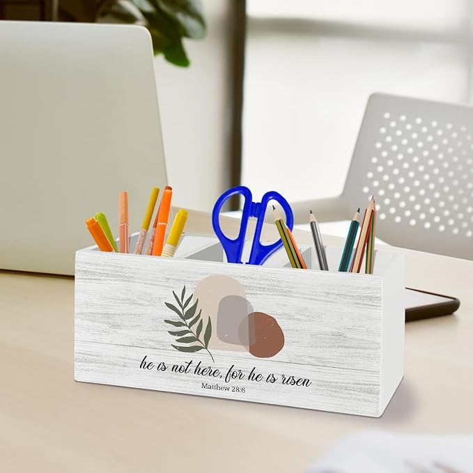 Boho Easter Christian Pen Pencil Holder Organizer for Desk Accessories, He Is Risen Bible Verse Wooden Box Sign Desk Decor for Home Office Decoration, Religious Easter Decor