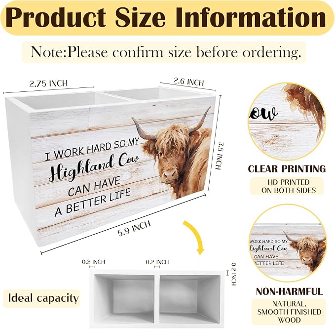 Highland Cow Gifts Pen Holder for Desk, Gifts for Highland Cow Lovers Pencil Organizer, Rustic Funny Heifer Wooden Box Sign Desk Decor for Farmhouse Home Office Decoration