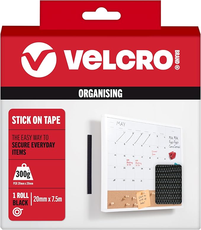 Velcro Brand | Stick On Tape | Cut-to-Length Strong Hook & Loop Self Adhesive Sticky Tape Perfect for Room Décor & Home, Office, Garage Use | Black | 20mm x 7.5m