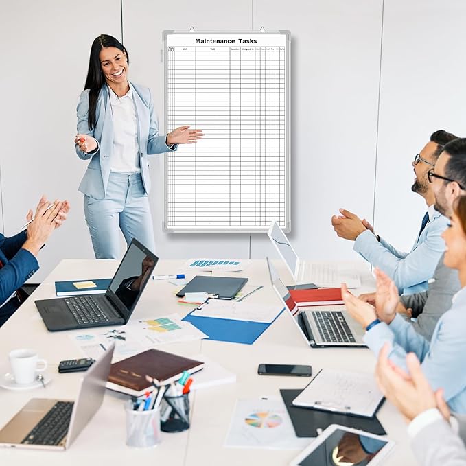AmazingSpark Lined Whiteboard Blank Grid Aluminum Frame Dry Erase Board Reusable Wall Mounted Board for Scheduling, to Do Lists Weekly Planning Home Work(36 x 24 Inch,Vertical Maintenance Tasks)