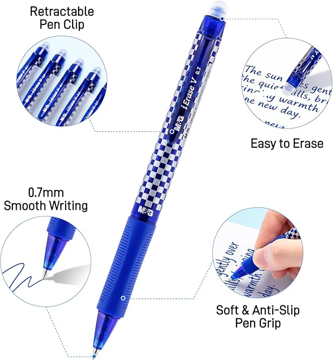 M&G Erasable Pens, 6Pcs Medium Point 0.7mm Blue Ink Eraserable Gel Pens for School, Journaling, & Office Writing Crossword Puzzles