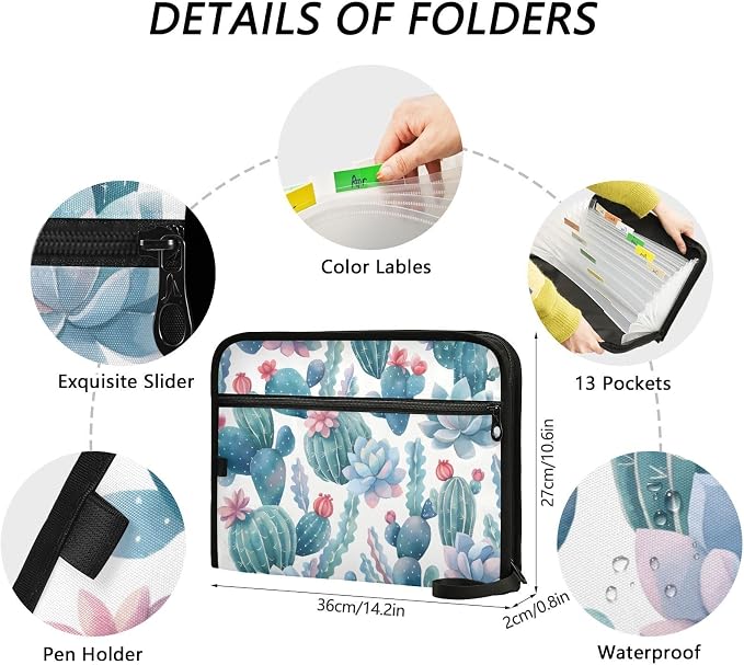 ALAZA Vintage Cacti Cactus Expanding File Folder, 13 Pockets Expandable Document Organizer Folder with Zipper Closure for Home Office A4 Letter Size Paper Document