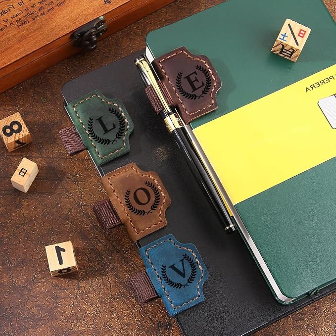 Custom Bookmark with Pen Holder with 26 Letters Personalized Magnetic Leather Book Mark, Customized Name Book Marker Clip with Initial for Men Women, Gifts for Book Lovers, Readers, (Purple, A)