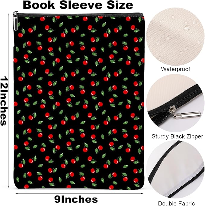 Cherries Decor Book Lovers Gifts Waterproof Book Sleeve Books Pouch Books Protector with Zipper and Front Pocket Bookish Gifts Cover Case for Women Girl Sister Reading Accessories Graduation