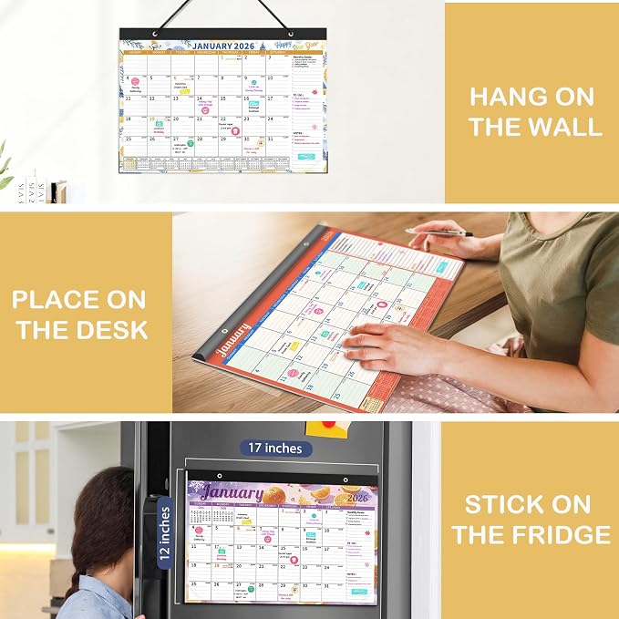 Ospelelf 12" x 17" Desk Calendar 2026-2027, 18 Month Magnetic Wall Calendar with Plastic Cover, Monthly Desktop Calendar Planner for Family Office, Use Jan 2026 - June 2027, Fruits