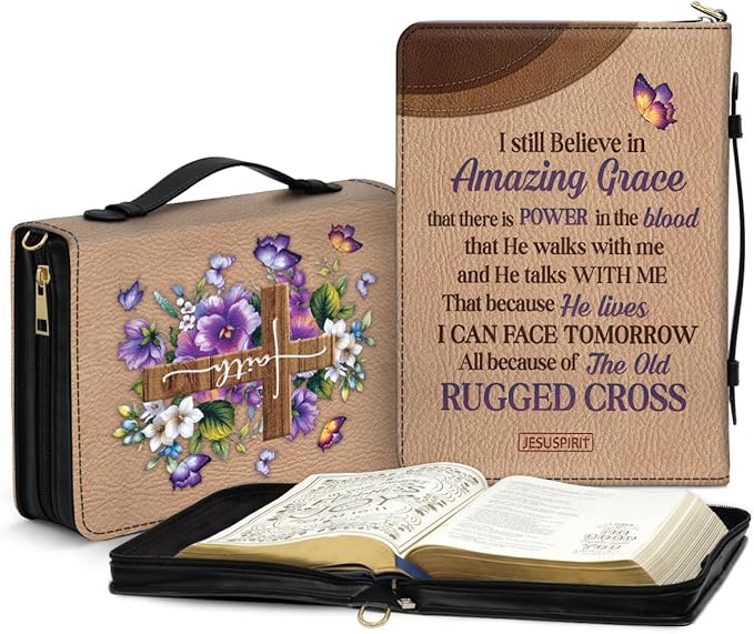 Jesuspirit Jeuspirit Bible Covers - Leather Bible Organizer Case - Bible Book Carrier Bag With Zipper - Christian Gifts For Women - Bible Holder Bag, Bible Carrying Case Large Size (Amazing Grace)