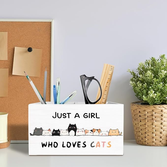 Funny Cat Pen Holder for Desk, Cat Lover Lady Mom Owner Gifts Pencil Organizer, Just a Girl Who Loves Cats Wooden Box Sign Desk Decor for Home Office Decoration