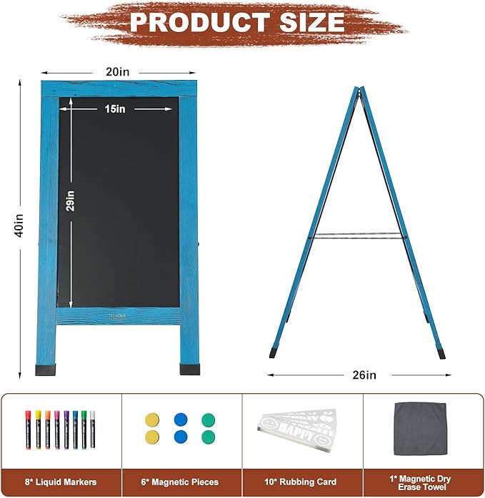 Wood Magnetic A-Frame Chalkboard Signs, 40" x 20" Large Sandwich Board Signs Outdoor, Double-Sided Sidewalk Blackboard for Business, Wedding, Vendor Display, Coffee Shope -Blue