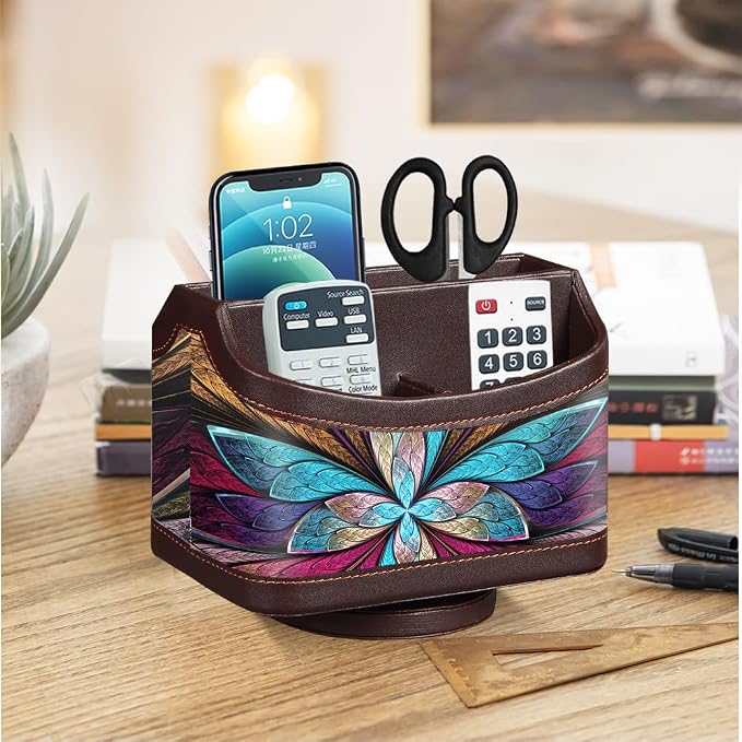 360° Rotating Remote Control Holder, PU Leather TV Remote Caddy Organizer Basket Storage Box with 5 Compartments for Pen, Pencil, Art Supplies, Makeup Brush, Office Desk Table Accessories