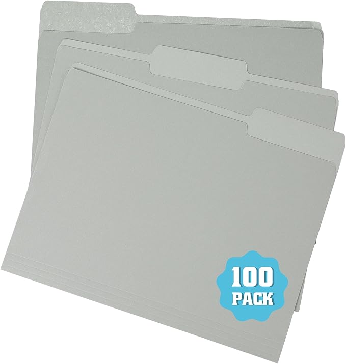 pmybupo Gray File Folders with Tabs –Colored File Folders Letter Size,1/3 Cut Top Tabs,Durable 11pt Paper,Two Tone,Bulk 100 Pack