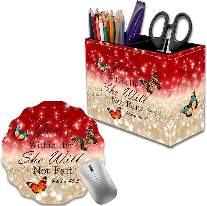 Pen Holder for Desk, PU Leather Multifunctional Desktop Storage Box and Anti-Slip Mouse Pad Set, Makeup Brush Holder Pen Organizer for Office and Home - Psalm 46:5