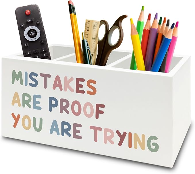 Boho Inspirational Pen Pencil Holder Organizer for Desk, Positive Inspirational Gifts, Mistakes are Proof You are Trying Motivational Wooden Box Sign for Classroom Desk Tabletop Decorations