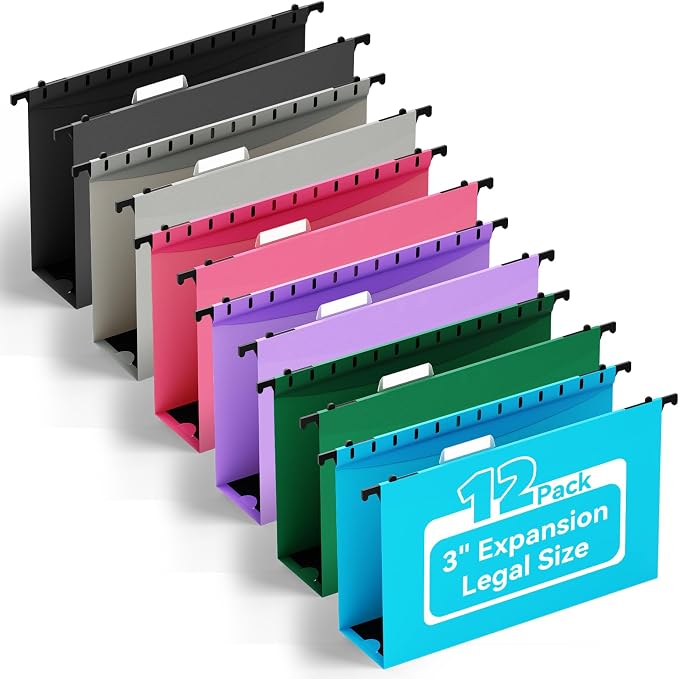 Ansook Legal Size Hanging File Folders, Expandable 3 Inch Legal Szie File Folders with 1/5-Cut Tabs, 12 Pack Plastic File Folders Hanging Organizers for Filing Cabinet, Bulky Files & Medical Charts
