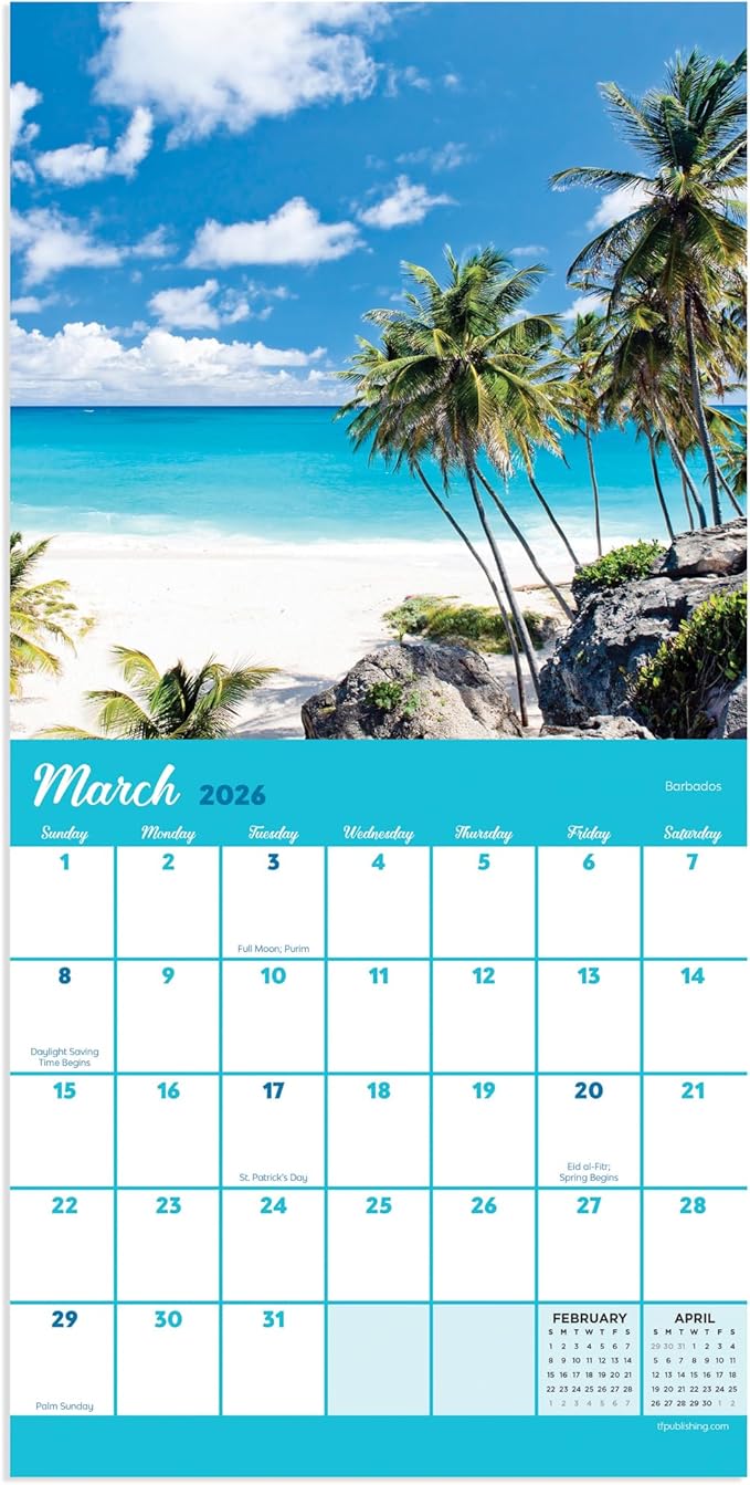 TF Publishing 2026 Tropical Beaches Mini Calendar with Monthly Grids for Appointments and Scheduling - Vertical Small Wall Calendar 2026 w/Premium Gloss Paper for Home and Office Organization - 7x7in