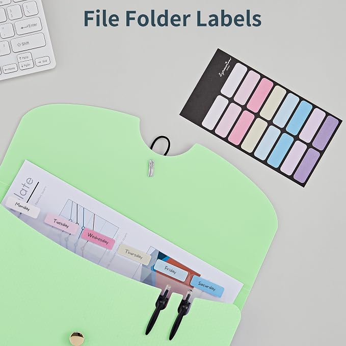 JARLINK 7 Pockets Expanding File Folder, A4 Size Accordion File Folders with 12 Labels, Cute Paper Organizer, Portable Document Organizer for Home College School Office Supplies, Macaron Green