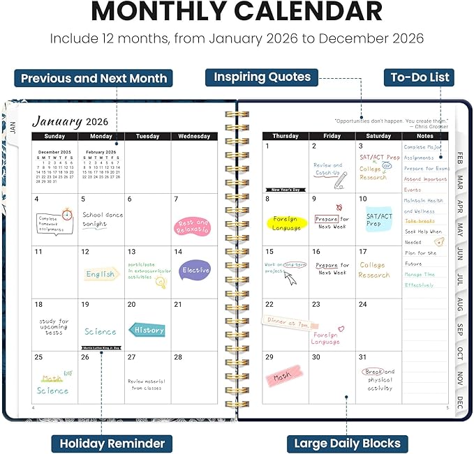 2026 Planner, Weekly and Monthly Planner for Women, January 2026 - December 2026, Hardcover 2026 Calendar Planner Book with Tabs, Inner Pocket, Spiral Bound, Perfect for Office Home School Supplies - A5 (6.3" x 8.5"), Indigo Patchwork