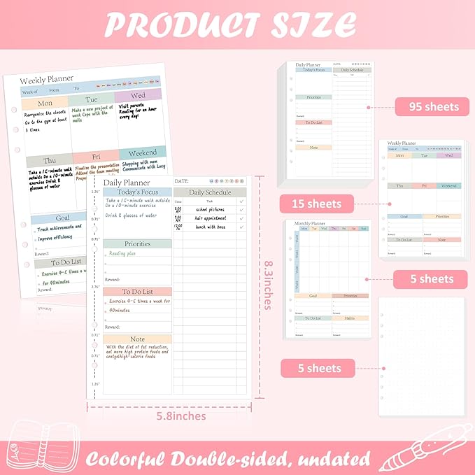 ADHD Planner Refill Pages for A5 Binders Planner Inserts Daily Weekly Monthly 480 Sheets/960 pages for 6 Ring Binder Undated Planners Refills Colorful To Do List Refill Paper 120 GSM Thick Loose Leaf Paper for 1 Year Neurodivergent Journal Productivity...