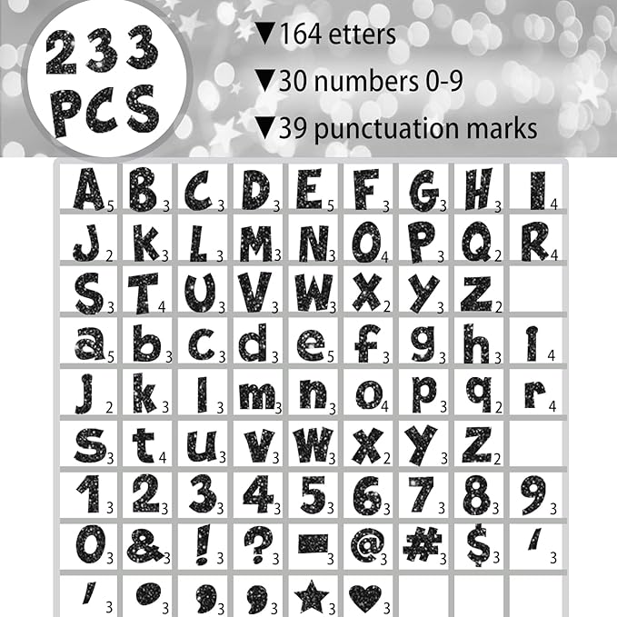 Glitter Bulletin Board Letters for Classroom Numbers Alphabet Poster Board Letters with Adhesive Dots Punctuation Symbols Cutout Bulletin Display School (Black)