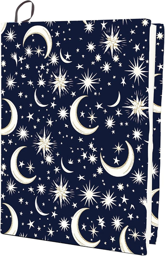 CRASPIRE Moon Star Stretchable Book Cover Navy Blue Washable Reusable Large Nylon Cloth Polyester Book Protector Elastic Notebook Wraps Suitable for Most Hardcover Books