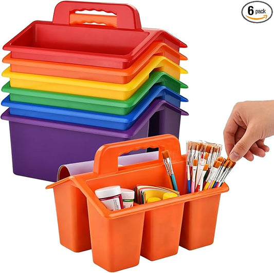 NINU Classroom Caddy Storage Basket with Handle, Plastic Arts Office Crafts Caddy 4 Compartments for Kids, Pencil, Crayon, Marker, School Supplies - 6 Pack Color