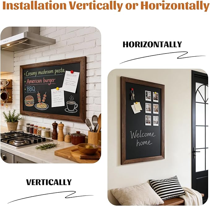 Magnetic Chalkboard for Wall, 24 x 36 Inch Solid Wood Framed Brown Magnetic Board, Wall Mounted Chalk Board for Kitchen, Restaurant, Food Truck and Calendar Board