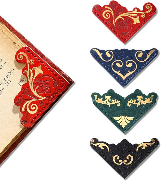 4 PCS Vintage Leather Bookmarks, Elegant Gold Stamped Corner Bookmark Retro Pattern Book Mark Book Accessories Gifts for Book Lovers Women Girls