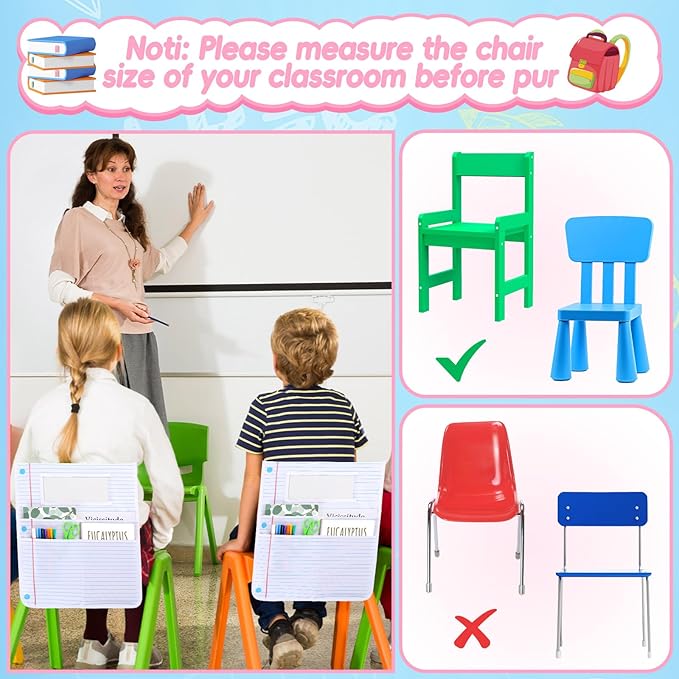 gisgfim 24Pcs Notebook Chair Pockets for Classroom Notebook Chair Back Buddy Pocket with Name Tags 17x20In Chairs Organizer 3 Pockets Seat Storage Pocket for School Classroom Daycare Home Supplies