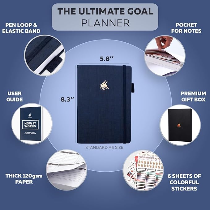 Clever Fox Ultimate Achiever’s Goal Planner - Focus & Productivity 90 Day Journal. Undated Daily Weekly Monthly Planner Organizer & Hourly Schedule Notebook - Hardcover, A5 Size, Navy Blue