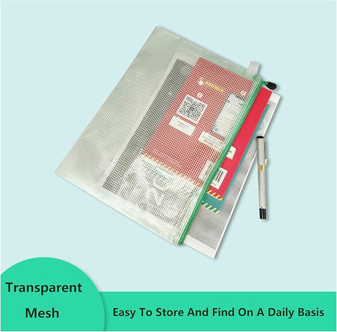 Mesh Document Bag Set of 10, Waterproof Zipper Pouch / A4 Size Zip File, for Household Daily Storage School Office M-D-2B (Red, A4 (13.5×9.5 Inch))