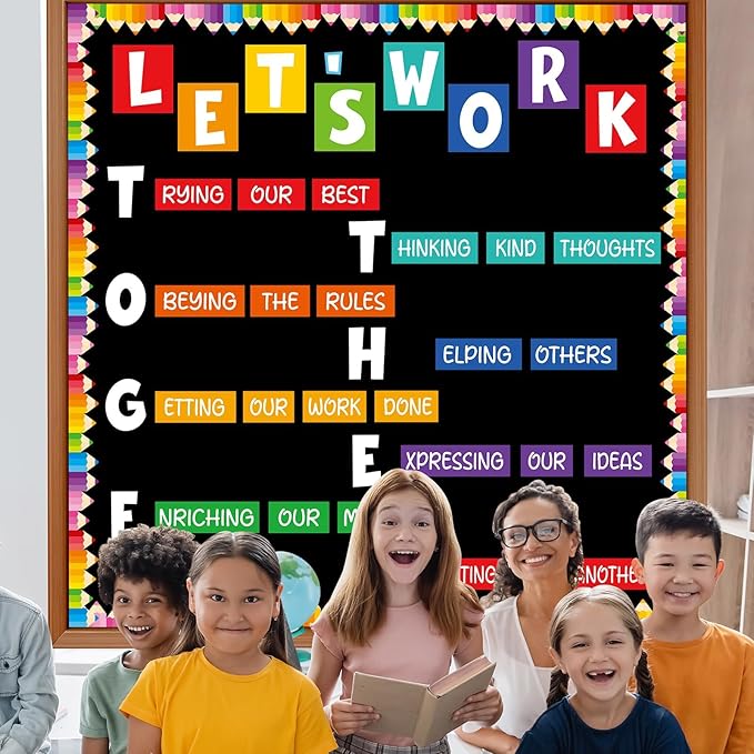 Motivational Bulletin Board Decorations for Classroom Let's Work Together Wall Inspiration Door Decor Colorful Pencil Cutouts for Back to School Elementary Home Wall Door Supplies