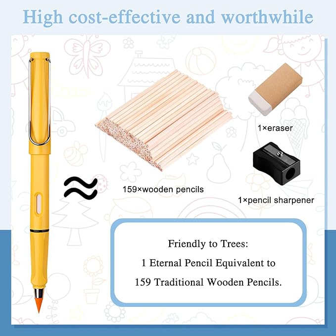 12 Pcs Colored Eternal Pencils with 24 Replacement Nibs, Forever Pencil, Infinity Pencil with Eraser for Writing Drawing and Home Office School Supplies