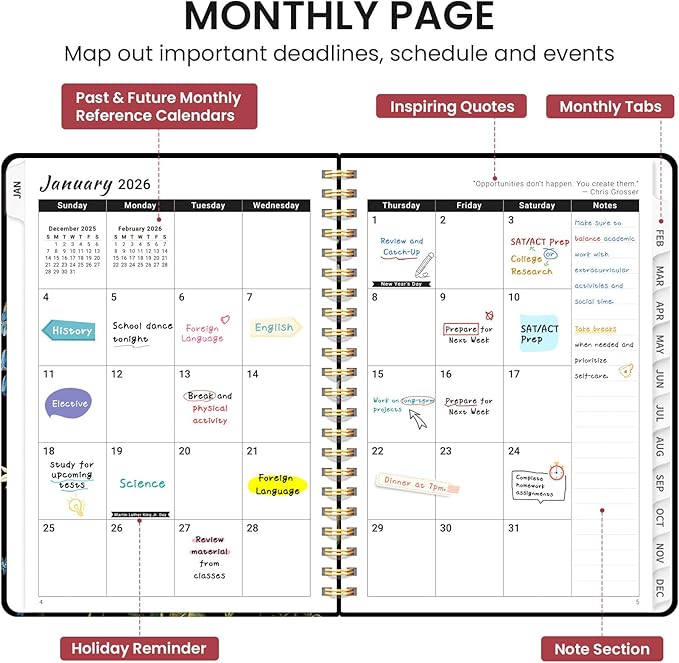 2026 Planner, Monthly and Weekly Calendar Planner for Women, Jan 2026 - Dec 2026, Hardcover Pretty 2026 Agenda Planner Book with Tabs, Spiral Bound, Perfect for School Office Home Supplies, 6.3" x 8.5" - Peony Bloom