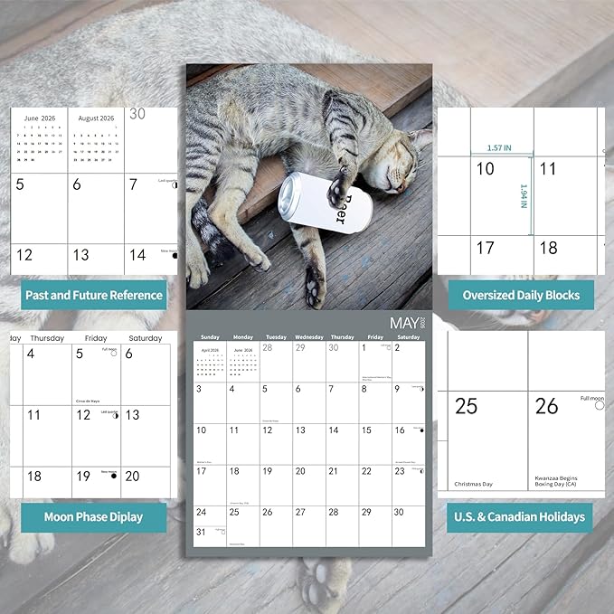 2026 Wall Calendar,Cat Calendar 2026,So Tired cat Monthly Wall Calendar, 12" x 24" Open,Family Planner Calendar Organizer with Cat Tired Funny Expression Moment Images, for Cats Lovers