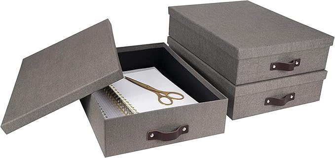 Bigso Oskar Canvas Fiberboard Document Letter Box - File Organizer Box for Important Paperwork - Document Storage with a Lid & Leather Handle - 3.3 in x 10.2 in x 13.8 in - Gray (Pack of 2)
