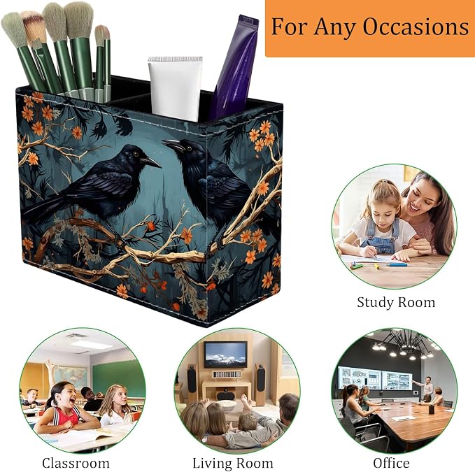Pen Holder for Desk, PU Leather Multifunctional Desktop Storage Box and Anti-Slip Mouse Pad Set, Makeup Brush Holder Pen Organizer for Office and Home - Branch Crow
