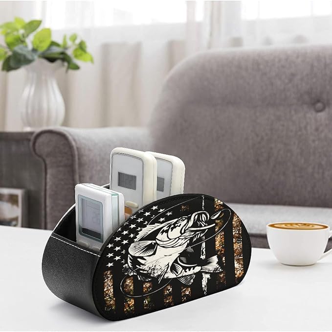Camo Bass Fishing Remote Control Holder with 5 Compartment PU Leather Multi Functional Desk Storage for TV Remotes Office Supplies
