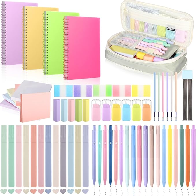 Watersay 64 Pcs Aesthetic School Supplies with Pencil Case, Notebook, Highlighters, Gel Pen, Mechanical Pencil, Correction Tapes School Office Stationary Set Bible Study Preppy Student Essentials Kit