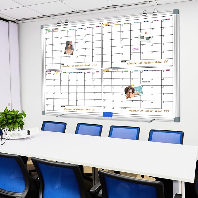 Dry Erase Board Calendar Whiteboard 60" x 40", 4 Month Large Magnetic Whiteboard for Wall Calendar Dry Erase Board Wall Mounted Board White Board Planner for Office Home and School