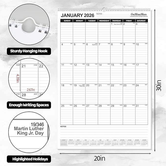 OuMuaMua Extra Large Wall Calendar 2026, 30" X 20" Vertical Jumbo Wall Calendar 2026-2027,18-Month Hanging Planner Wall From 2026 Jan - 2027 Jun with Spiral Bound For School Home Office Organizing