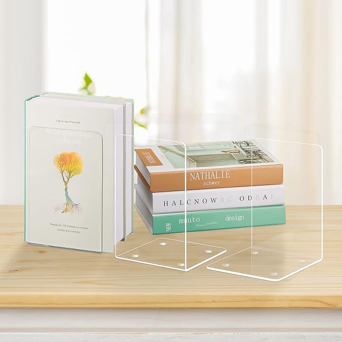 Acrylic Bookends 2 Pieces, VFINE Book Ends for Shelves, Clear Bookends for Shelves Decor Book Ends for Desktop Organizer, Book Stopper for Home Office School Supplies, 7 * 4.8 * 4.75 inch